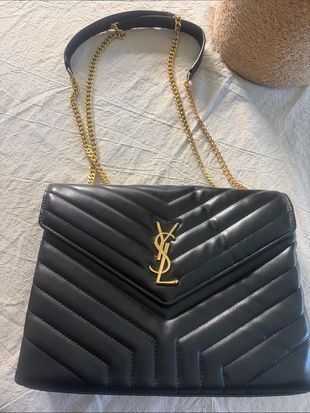 Yves Saint Laurent Black Quilted Leather Shoulder Bag with Gold Chain